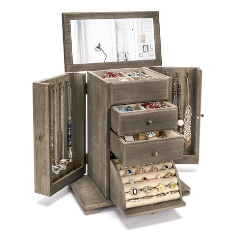 Emfogo Jewelry Box for Women, Rustic Wooden Jewelry Boxes & Organizers with Mirror, 4 Layer Jewelry Organizer Box Display for Rings Earrings Necklaces Bracelets (Weathered Gray) Emfogo