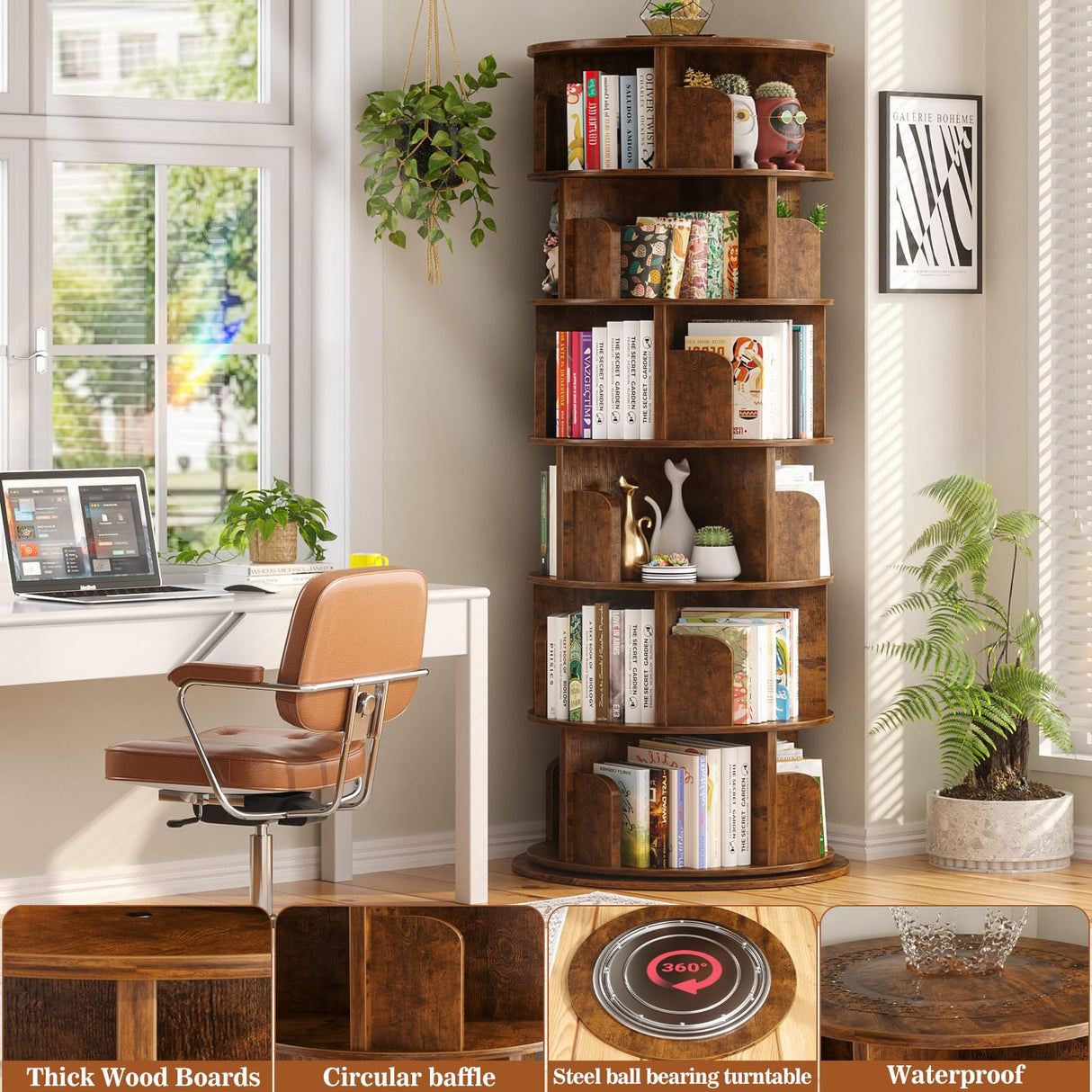 Aheaplus 6 Tier Rotating Bookshelf, Wood Spinning Bookshelf Tower, Round Revolving 360 Bookcase, Narrow Turning Book Shelf Rolling Corner Organizer for Small Space, Bedroom, Office, Rustic Brown Aheaplus
