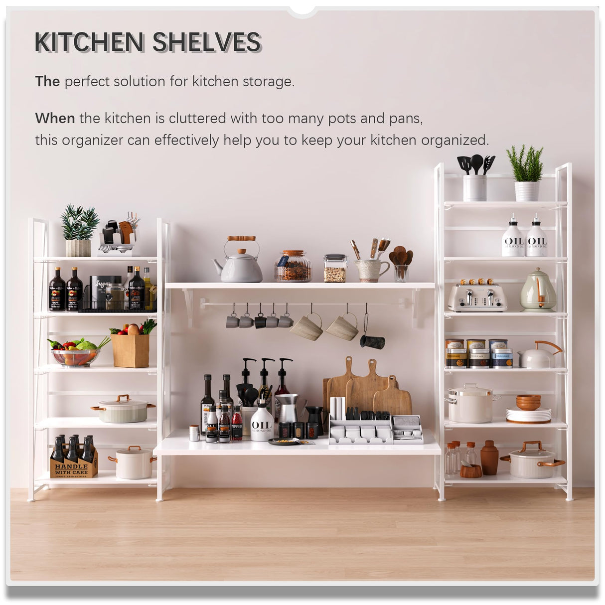 4NM No Assembly Folding Bookshelf, 6-Shelf 74" H Collapsible Foldable Bookcase Storage for Small Spaces, All White 4NM