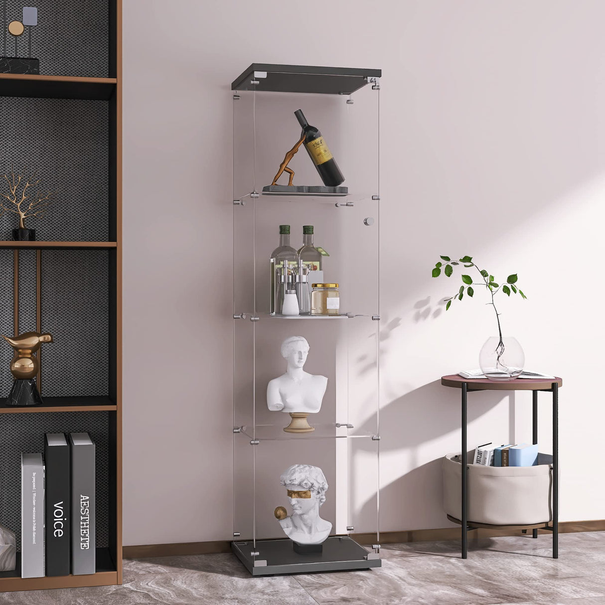 LFT HUIMEI2Y Glass Display Cabinet 4-Shelf with Door and Lock, Curio Cabinets Upgraded Quick-Install Style Tempered Glass Floor Standing Bookshelf for Bedroom, Living Room 65”x 17”x 14” Black LFT HUIMEI2Y