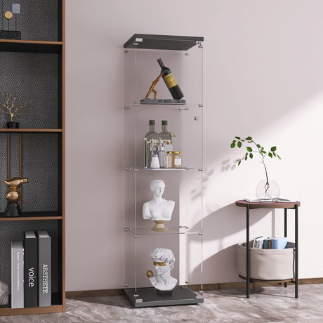 LFT HUIMEI2Y Glass Display Cabinet 4-Shelf with Door and Lock, Curio Cabinets Upgraded Quick-Install Style Tempered Glass Floor Standing Bookshelf for Bedroom, Living Room 65”x 17”x 14” Black LFT HUIMEI2Y