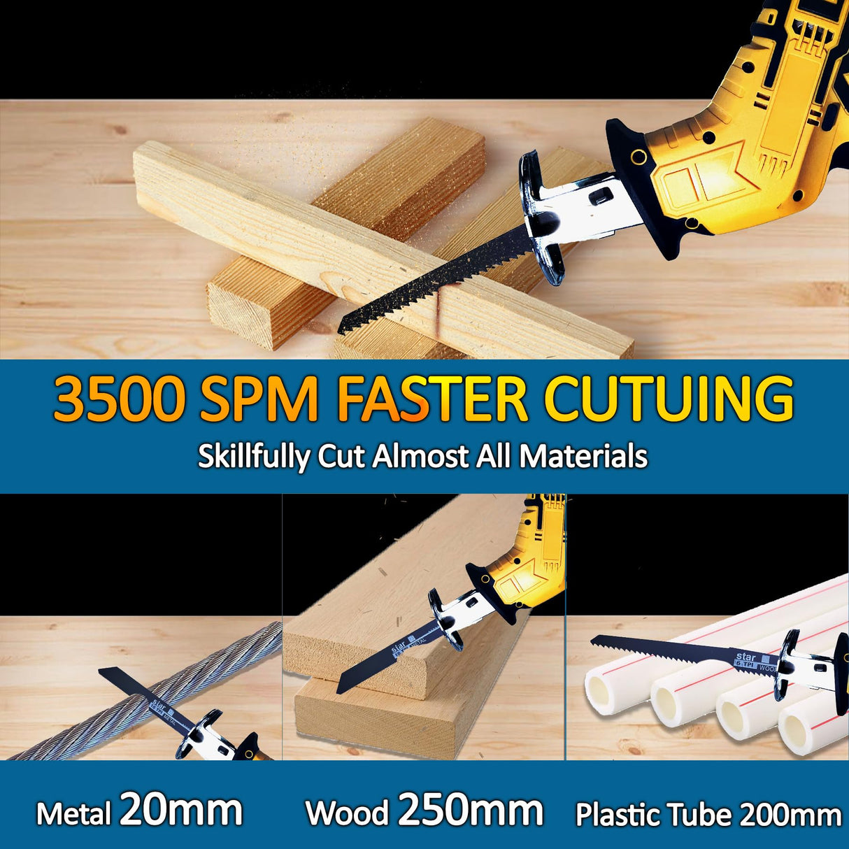 Reciprocating Saw Compatible with DeWalt 20V Battery, Brushless Power Cordless Recipro Saw, 0-3500SPM Variable Speed, Tool-free Blade Change, 4 Saw Blades Kit for Wood/Metal/PVC Cutting, Tool Only byczone