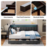 LIKIMIO Twin Corner Bed Frame with Storage Drawers and Charging Station, Modern Twin Daybed with LED Lights and Upholstered Guardrail, Gray LIKIMIO