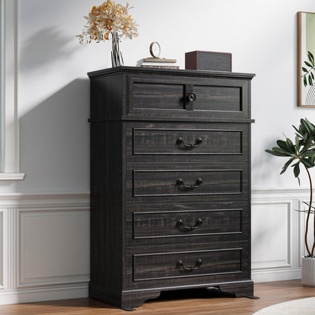 IRONCK 5 Drawer Dresser for Bedroom, Farmhouse Chest of Drawers with Charging Station, Vintage Drawer with Natural Texture, 47.8" Tall Dresser for Living Room, Hallway, Charcoal IRONCK
