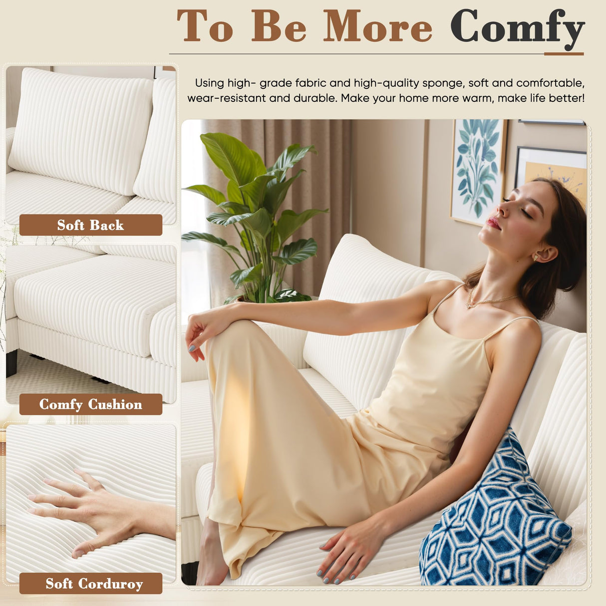 Homall Sofa for Living Room, Couch with Convertible Chaise, 3 Seat L-Shaped Sofas, Comfy Corduroy Couches for Apartment, Small Space, Cream Homall