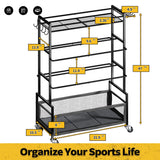SOYEEZE Sports Equipment Organizer- Ball Storage for Garage,4 Tiers Outdoor Toy Storage,Soccer Racks,Basketball Shooting Training Stand Cart with Wheels and Hooks for Home-School and Gym Use SOYEEZE