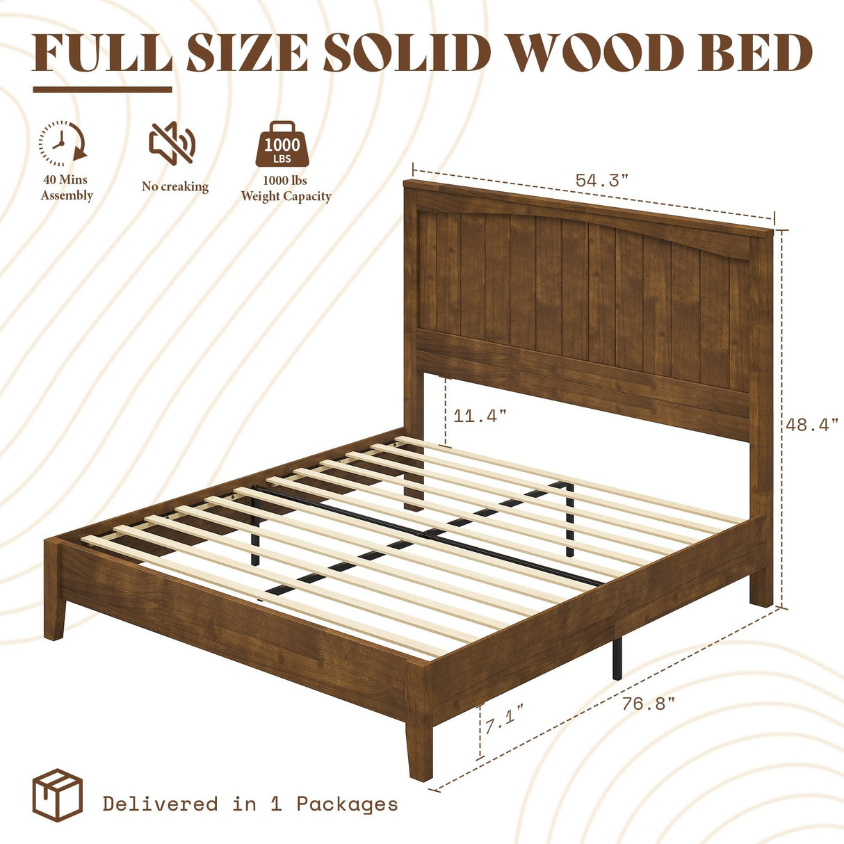 AMERLIFE Solid Wood Bed Frame with 48" Headboard, Mid-Century Modern Platform Bed with Durable Wooden Slats, No Box Spring Needed, Easy Assembly, Quiet, Full Size, Chestnut Finish AMERLIFE