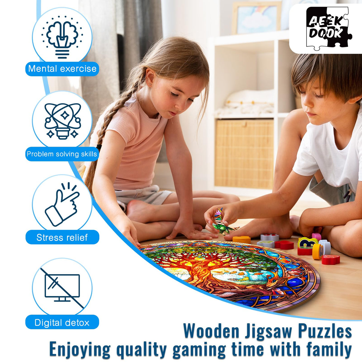 Aeekdook Wooden Jigsaw Puzzles for Adults - Wooden Puzzles Life of Tree- Stained Glass Unique Cool Wooden Puzzles for Adults - 100 Pieces Relax Puzzles (S-8.5 * 8.5in) Aeekdook