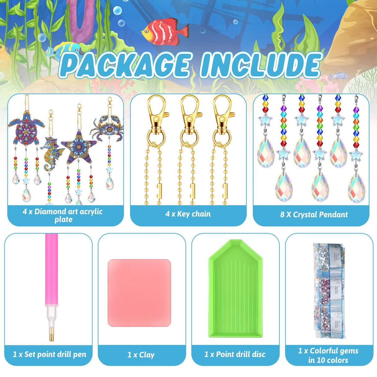 Tigeen 4 Pcs Diamond Art Painting Suncatchers, Ocean Themed Decorations Double Sided Crystal Sea Animal Wind Chime DIY Diamond Painting Animals Crystal Hanging Ornament with Chain for Adults Home Tigeen