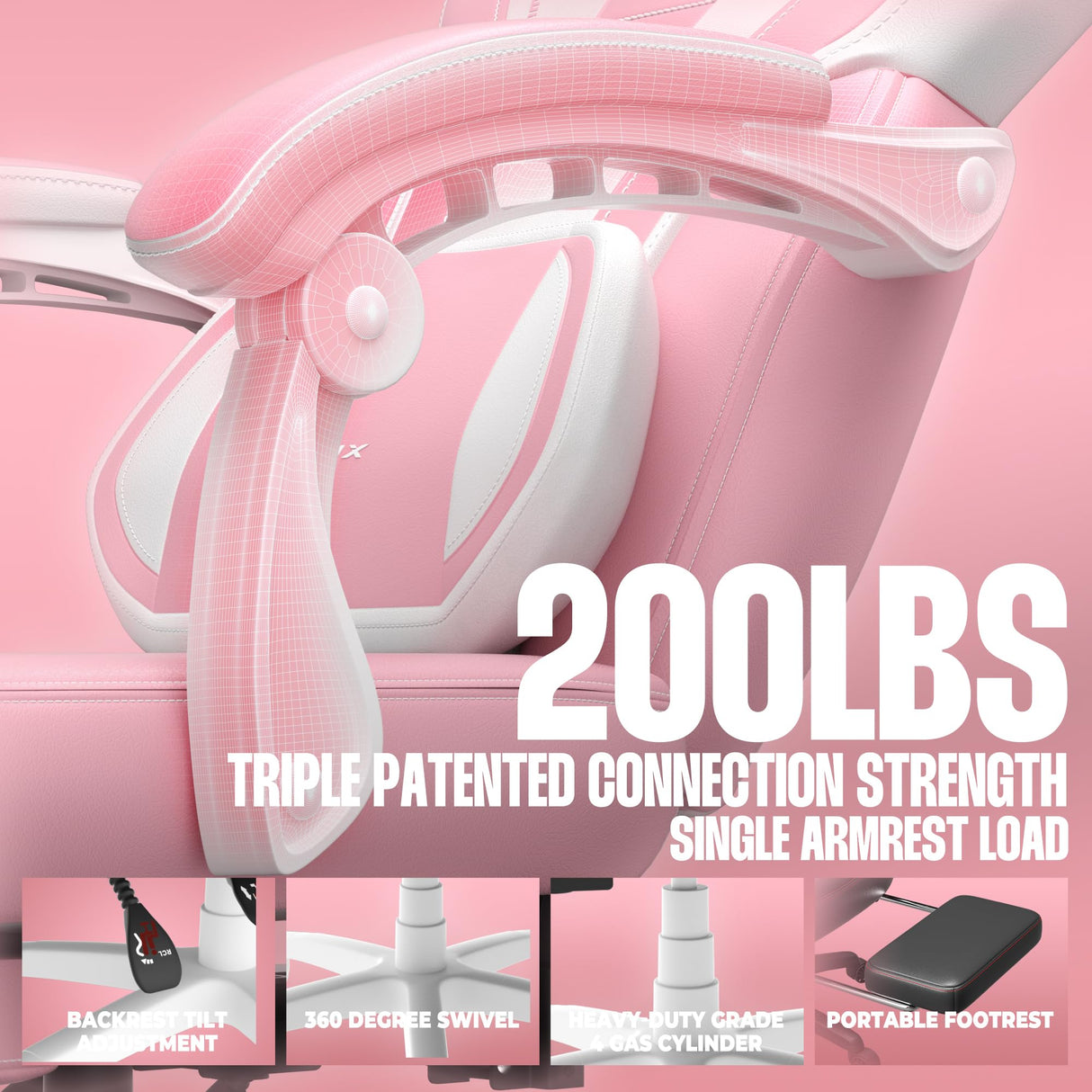 Dowinx Gaming Chair with Footrest, Big and Tall Gaming Chair for Heavy People, Computer/PC Gamer Chair for Adult with Massage (Pink) Dowinx