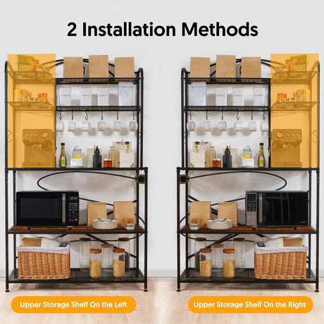 Home Limpidity Large Bakers Rack for Kitchen, 40-inch Wide Coffee Bar Station with Power Outlet, 5 Tier Microwave Stand Storage Shelf with S-Shaped Hooks, Metal Frame with Brown Wood Tabletop Home Limpidity