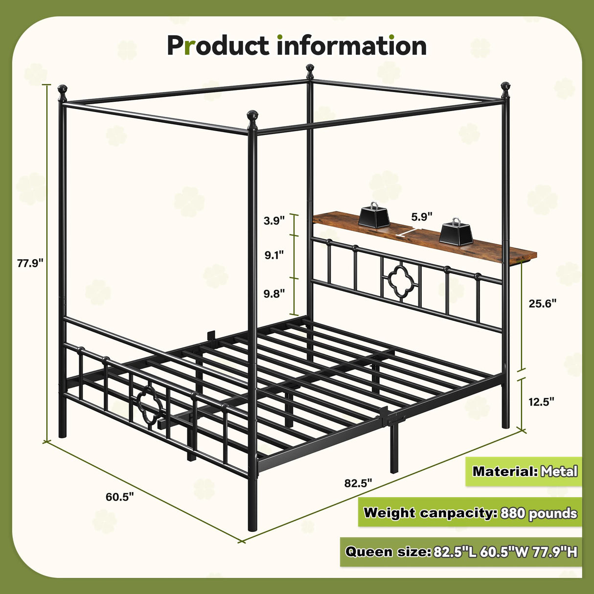 Homkdom Canopy Bed Frame with Storage Headboard, Queen Size Bed Frame with 4 Removable Posts, Sturdy Metal Platform with Under-Bed Storage, Dual Purpose Bed Frame, No Box Spring Needed, Black Homkdom