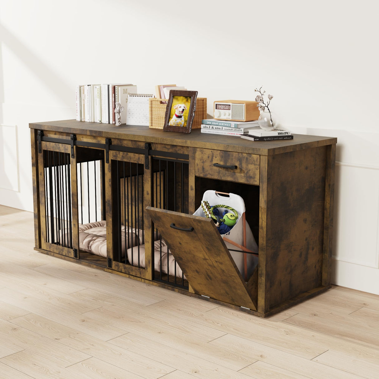 KIGOTY Furniture Style Dog Crate with Storage, 71 Inch Double Dog Crate for 2 Dogs, Wooden Large Dog Kennel with Drawers,Tilt Out Trash Cabinet,Divider and Sliding Doors (Rustic Brown) KIGOTY