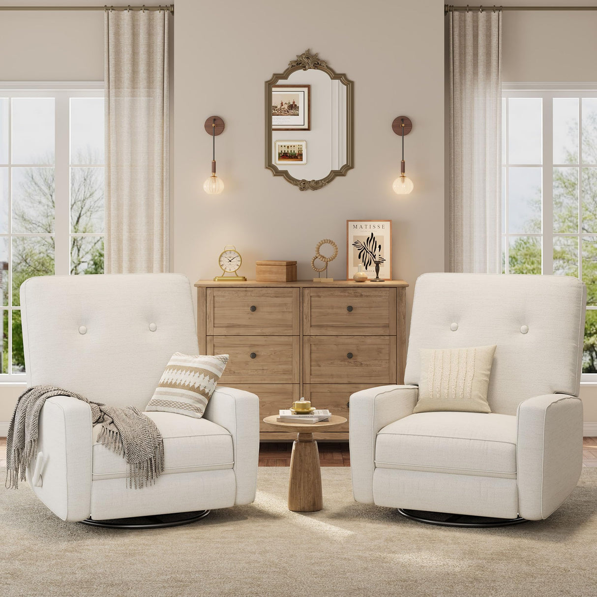 Garvee Nursery Recliner Chair, 360° Swivel Rocking Glider Chair for Adults with Adjustable Backrest & Footrest, Cozy Linen Upholstered Armchair for Living Rooms, Bedrooms, Apartments, Beige Garvee