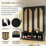 LUMISOL Farmhouse Widen Hall Tree with 4 Rattan Doors for Entryway, 4-in-1 Seating Bench with 6 Hidden Hooks, 78.7”H Entryway Shoe Cabinet with Open Bottom Compartments and Adjustable Shelf, Black LUMISOL