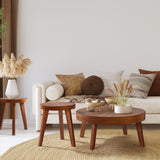 HOKYHOKY Farmhouse Round Coffee Table Set of 3, Boho Sofa Side Nesting Tables End Table Set with Wood Natural Finish for Living Room, Bedroom, Home Office,Brown HOKYHOKY