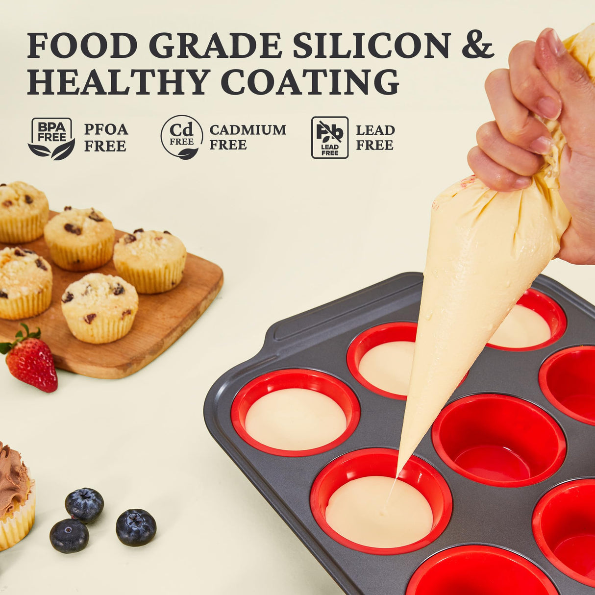 BRONYPRO Silicone Muffin Pan with Metal Frame, Egg Bite Molds for Baking, Cupcake Pans 12 Regular Size, Muffin Tins Easy to Pop Nonstick Non Toxic Bakeware for Oven, Red BRONYPRO