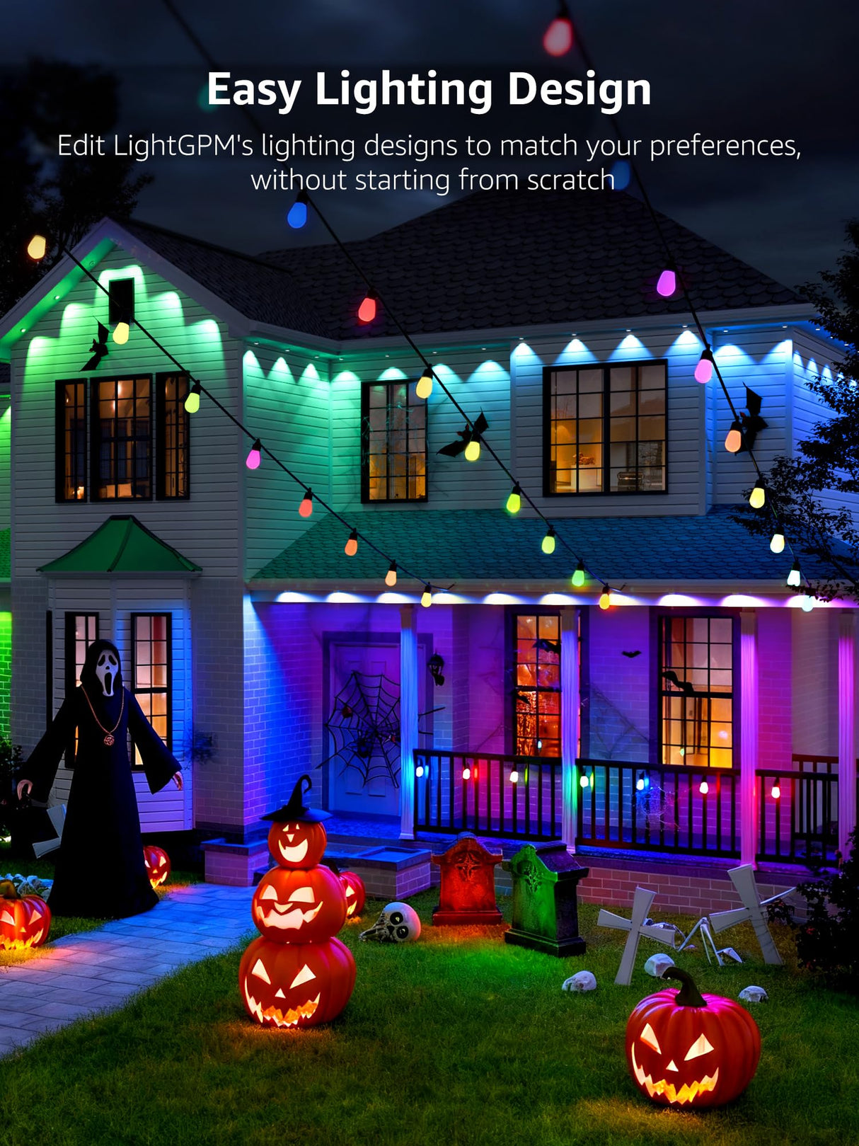 Lepro E1 AI Permanent Outdoor Lights APP Control, 100ft 60 LED Smart RGB+IC+Warm/Cool White House Eave Light for Halloween Christmas, Alexa Google Enabled, 2.4 GHz WiFi/Bluetooth, NO Remote Controller Lepro
