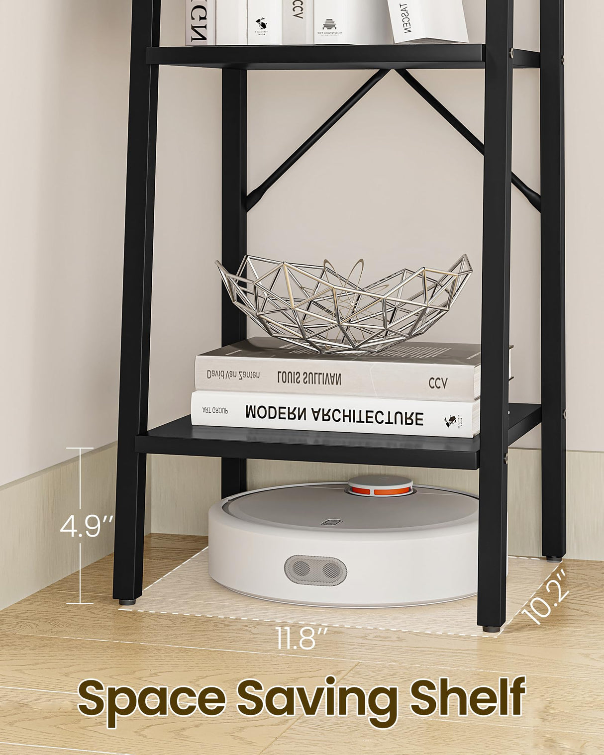 Hzuaneri Ladder Shelf, Bookshelf Bookcase, Freestanding Corner Storage Shelve with 2 Hooks for Home Office, Living Room, Kitchen, Bedroom, Industrial, 5-Tier Black BC03204B Hzuaneri