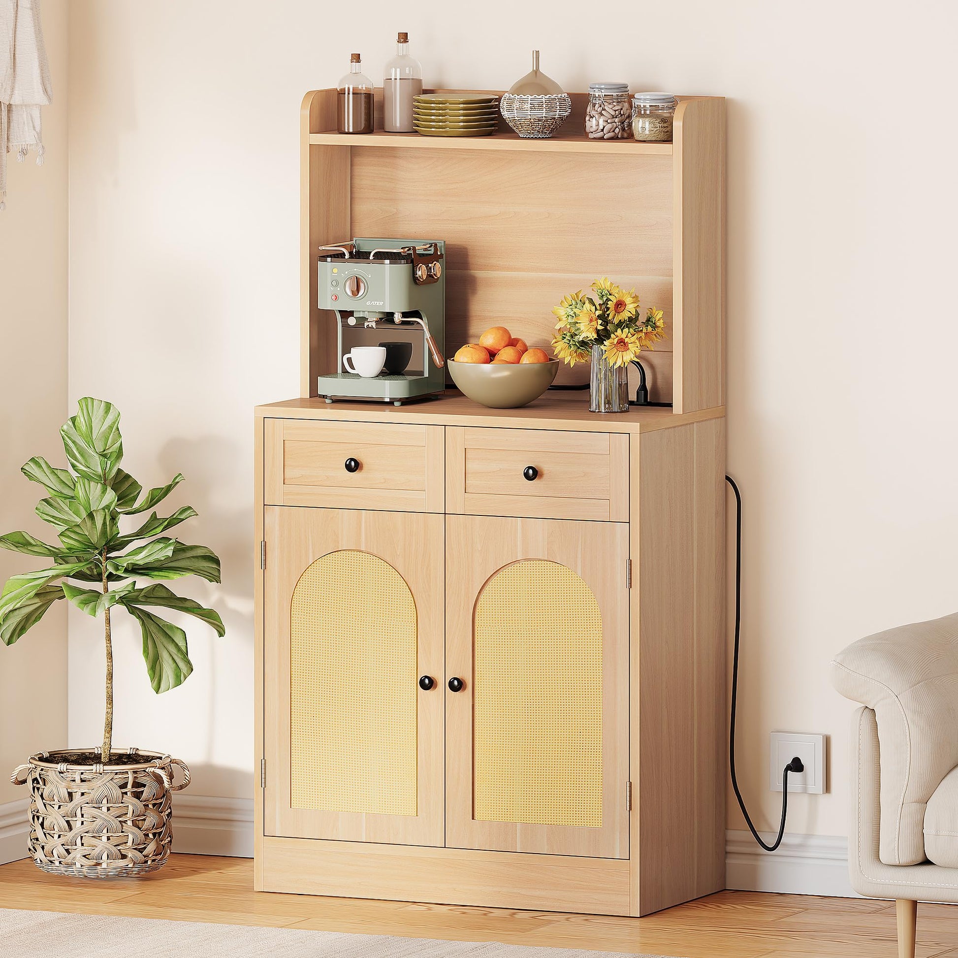 YITAHOME Yellow Oak Kitchen Hutch with Rattan Design, Coffee Bar Cabinet & Storage Solutions - Includes Power Outlet and Adjustable Shelves - WoodArtSupply