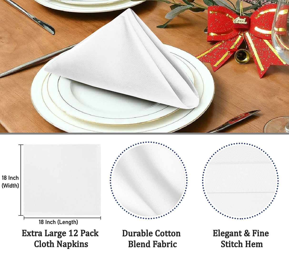 Ruvanti Cloth Napkins set of 12, 18x18 Inches Napkins Cloth Washable, Soft, Durable, Absorbent, Cotton Blend. Table Dinner Napkins Cloth for Hotel, Lunch, Restaurant, Weddings, Events, Parties - White RUVANTI