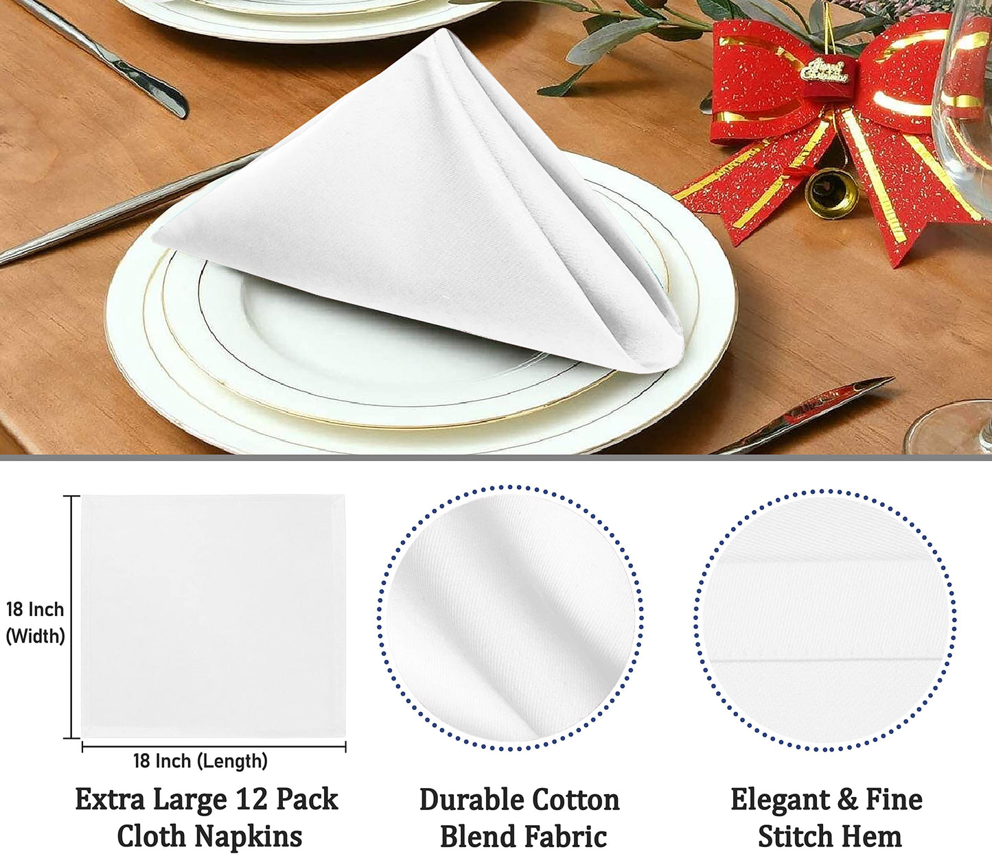 Ruvanti Cloth Napkins set of 12, 18x18 Inches Napkins Cloth Washable, Soft, Durable, Absorbent, Cotton Blend. Table Dinner Napkins Cloth for Hotel, Lunch, Restaurant, Weddings, Events, Parties - White