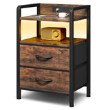 Night Stand Bedside Table Bedroom - Nightstand with Charging Station, Bed Side Table with LED Light Strip, End Table with U-S-B Ports & AC Outlets, Storage Shelf & 2 Fabric Drawers, Rustic Brown Lazzanto