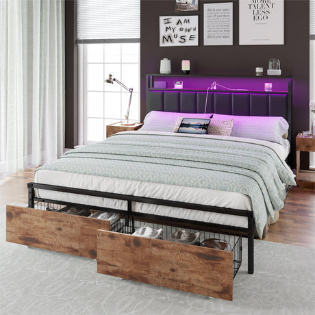 AMERLIFE LED Bed Frame with Drawers, Full Platform Bed Frame with 2-Tier Storage & Leather Upholstered & Charging Station Headboard, No Box Spring Needed, Noise Free, Easy Assembly, Black AMERLIFE