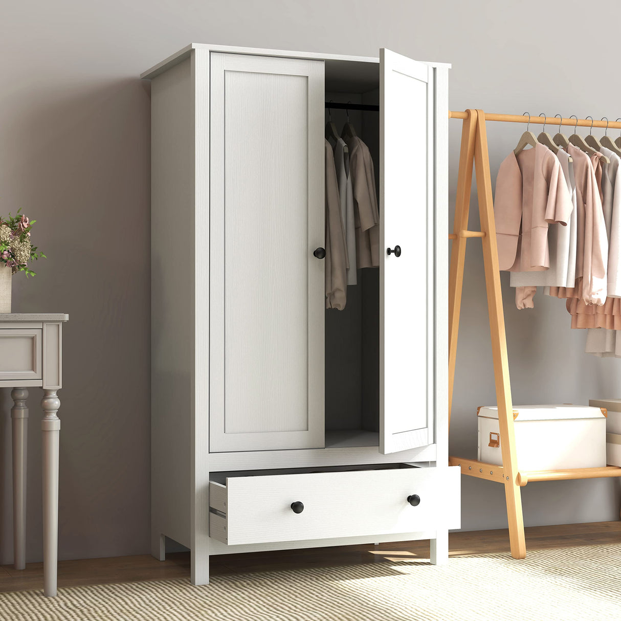 Panana 2 Door Wardrobe, Armoire with Drawer for Bedroom (White) Panana