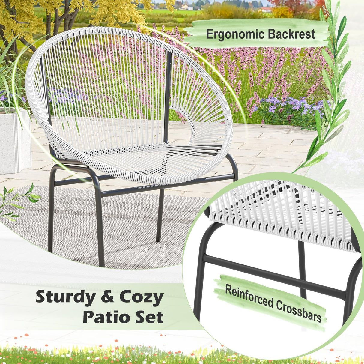 Tangkula 3 Piece Outdoor Patio Furniture Set, Acapulco Chair Set w/Plastic Rope, Tempered Glass Table, All Weather Patio Bistro Set for Patio, Lawn, Garden, Backyard Tangkula