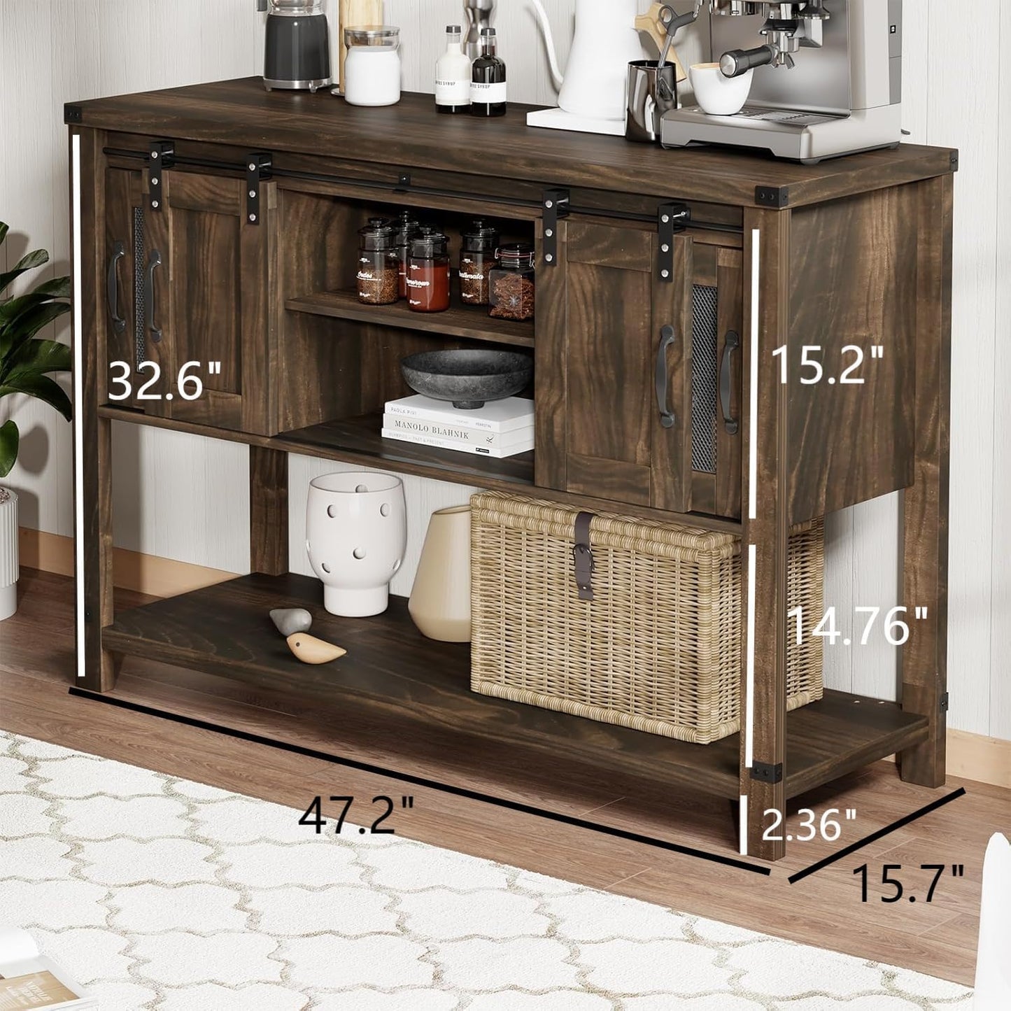 4ever2buy Buffet Cabinet with Storage, Farmhouse Coffee Bar Table with Sliding Barn Door, 47" Console Table with Metal Mesh Doors, Brown Coffee Bar Cabinet with Bottom Open Shelf, Living Room - WoodArtSupply