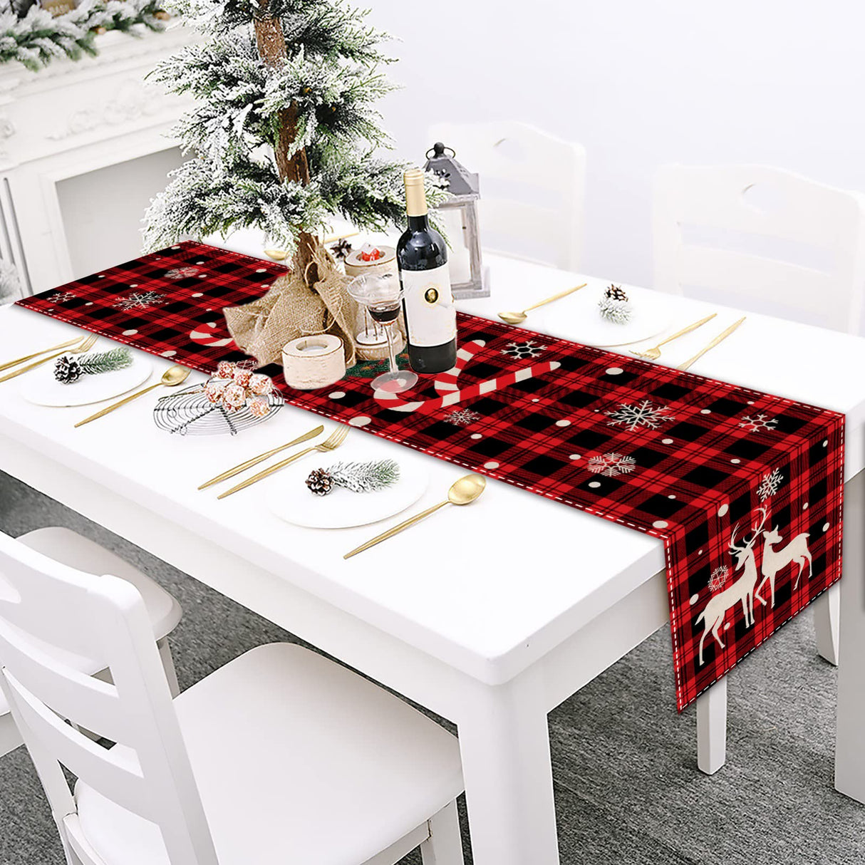 Buffalo Plaid Christmas Table Runner 13" x 72" Long Linen Xmas Reindeer Table Runner Christmas Decoration, Joy Apatsp