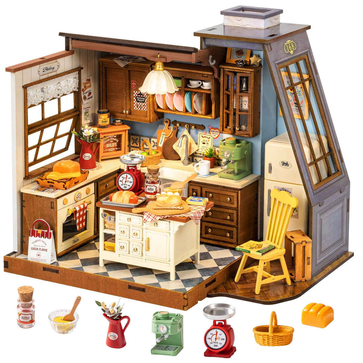 Rolife DIY Dollhouse Miniature House Kit 1:18 Scale Baking Kictchen with Pitched Roof Window, Diorama Tiny House Building Kit Crafts for Adults Home Decor Gift for Women Men Her Rolife