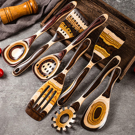 Gudamaye 7-Piece Brown Pakkawood Utensils Set – Sturdy, Eco-Friendly, Wooden Spoons for cooking, Wooden Utensil for cooking, Wooden Kitchen Tool, Home & Kitchen Gifts for Men and Women Gudamaye