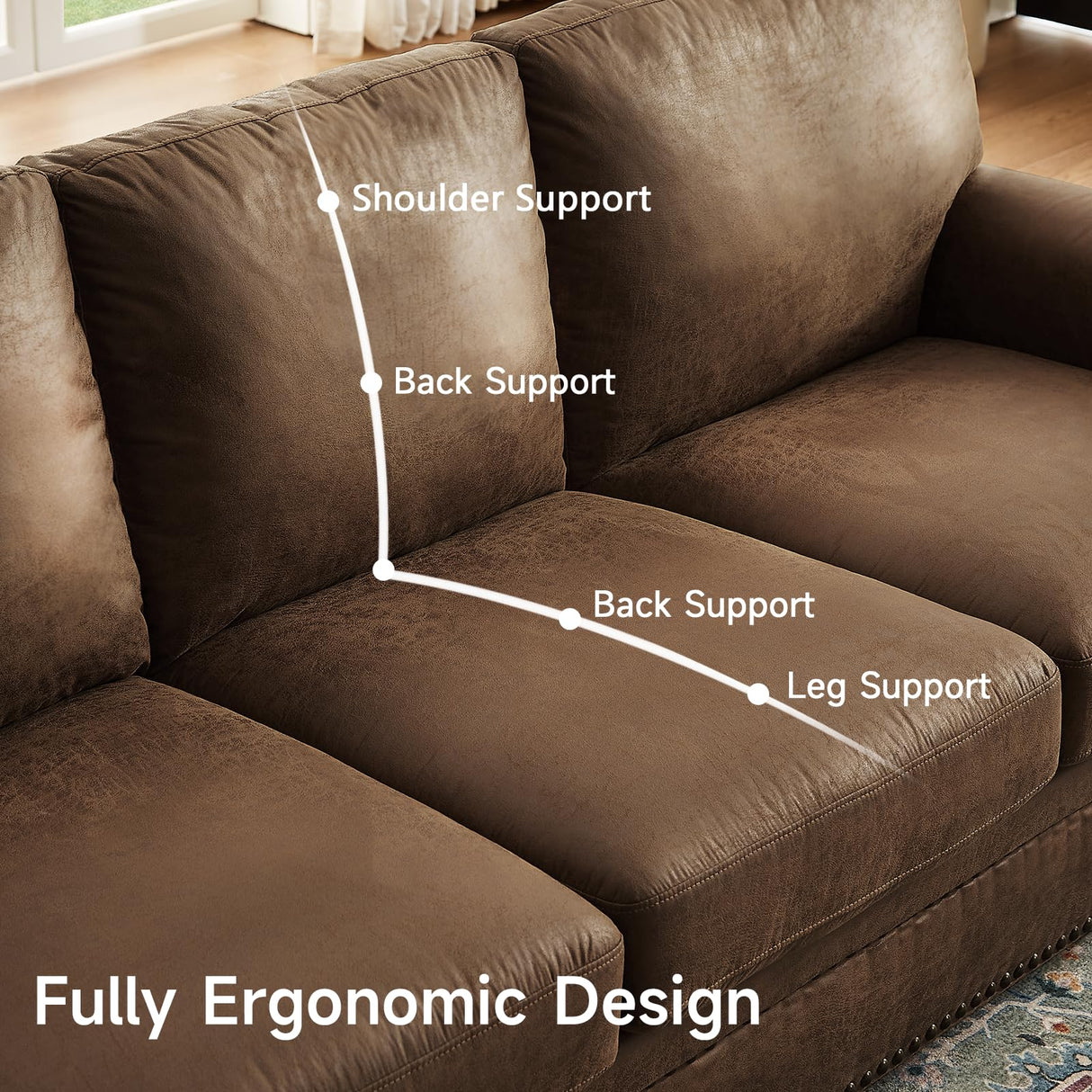 ONBRILL 84" Faux Leather Couch, Mid-Century Modern Couch w/Brass Nailhead Trim, 3 Seater Sofa Couch w/Rolled Arm, Pocket Spring Cushions, Gourd Feet, Dark Brown Couch Leather Sofas for Living Room ONBRILL