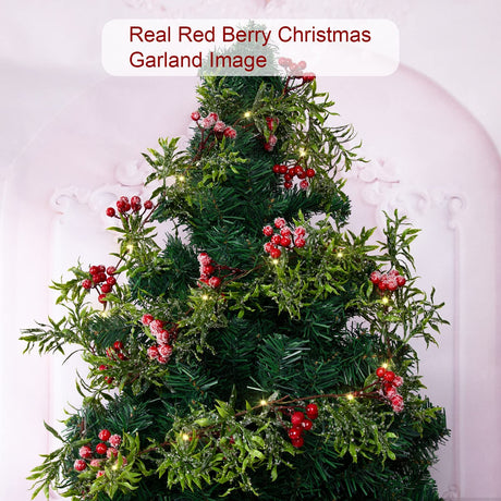 5.9FT Artificial Christmas Garland String Lights with 162 Snowy Red Berries 55 Green Leaves 20 LED Lights Battery Operated for Xmas Mantle Indoor Outdoor Holiday Christmas Thanksgiving Decoration LAWOHO