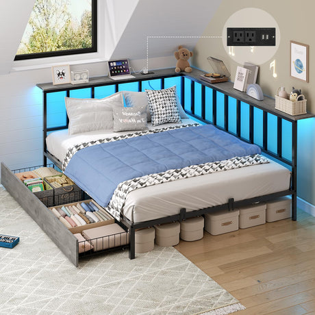 DICTAC Corner Full Bed Frame with 2 Storage Drawers and Charging Station,Metal Full Size Platform Bed Frame with Storage Shelves and Led Lights,Full Daybed for Living Room,Bedroom&Guest Room,Oak Gray DICTAC