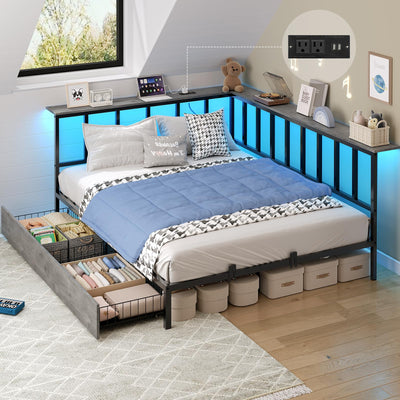 DICTAC Corner Full Bed Frame with 2 Storage Drawers and Charging Station,Metal Full Size Platform Bed Frame with Storage Shelves and Led Lights,Full Daybed for Living Room,Bedroom&Guest Room,Oak Gray