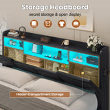 ADORNEVE King Size Floating Bed Frame with LED Lights, Storage Headboard, and Charging Station in PU Black ADORNEVE