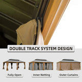 12x18Ft Hardtop Gazebo Wooden Coated Aluminum Frame Canopy Galvanized Steel Double Roof Outdoor Wood-Looking Permanent Metal Pavilion with Curtains and Netting for Patio Deck Lawn MONDAWE