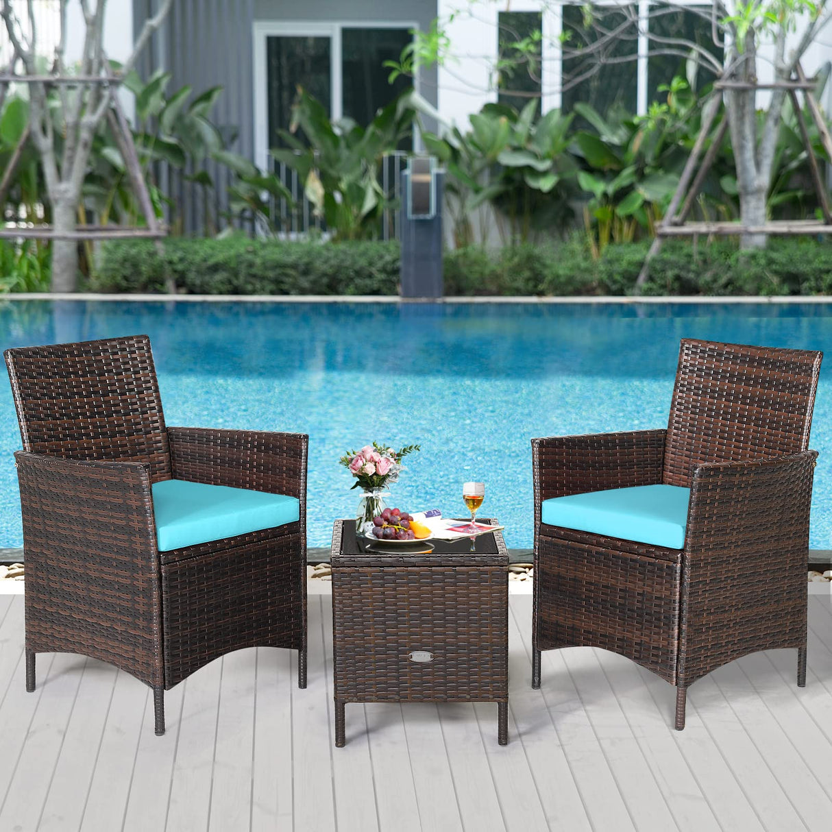 COSTWAY 3 Pieces Patio Rattan Furniture Set, Outdoor Wicker Cushioned Sofa with Tempered Glass Tabletop, Rattan Conversation Set for Porch Yard Balcony Backyard Pool, Turquoise COSTWAY