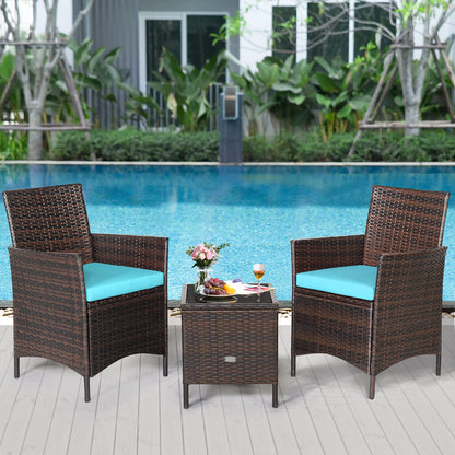 COSTWAY 3 Pieces Patio Rattan Furniture Set, Outdoor Wicker Cushioned Sofa with Tempered Glass Tabletop, Rattan Conversation Set for Porch Yard Balcony Backyard Pool, Turquoise - WoodArtSupply