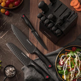 Astercook 15 Piece Knife Set with Sharpener Block - German Stainless Steel, Dishwasher Safe Kitchen Knives with Built-In Sharpener, Black Astercook