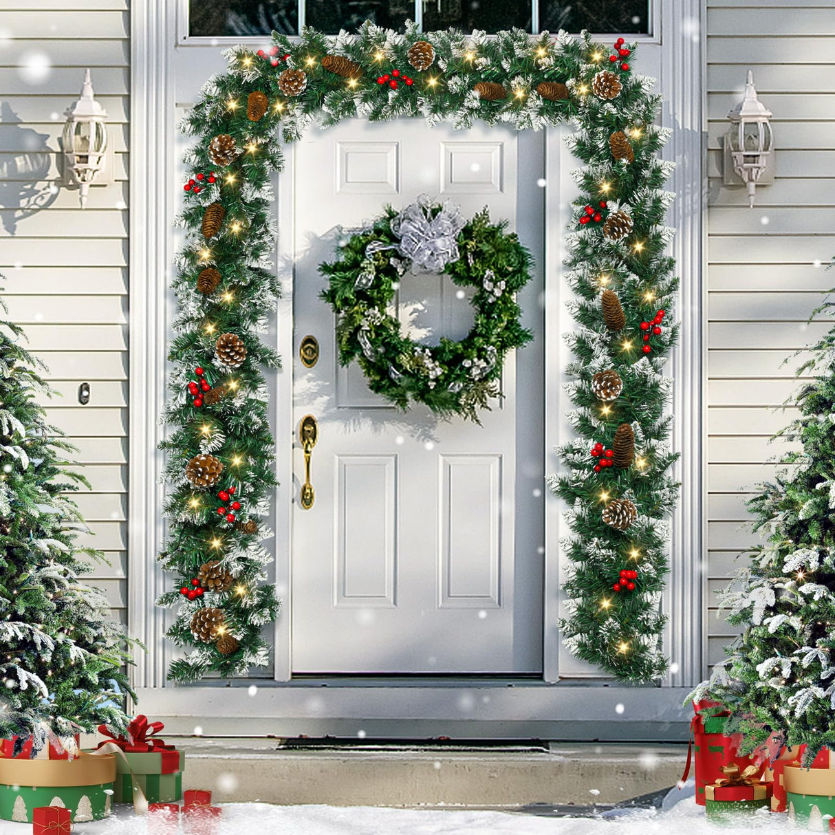 9 FT Christmas Garland with Lights,Battery Operated Lighted Garland with Pine Cones Red Berries Lush Branches,50 LED Lights 8 Modes,Christmas Decor Mantle Fireplace Indoor Outdoor Home Beinhome