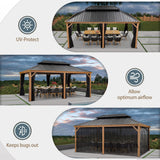 PURPLE LEAF 12' X 18' Outdoor Hardtop Gazebo for Patio Galvanized Steel Double Roof Permanent Canopy Teak Finish Coated Aluminum Frame Pavilion Gazebo with Netting PURPLE LEAF