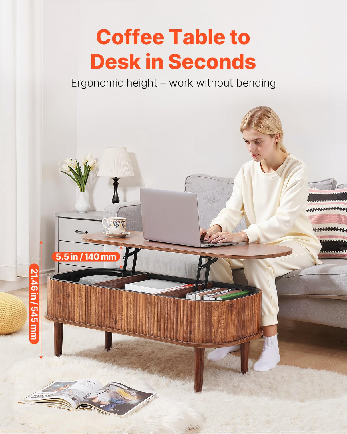 VEVOR Fluted Lift Top Coffee Table, Oval Walnut Coffee Table with 3 Hidden Compartment, Mid Century Modern Wood Center Table with Storage, Lift up Tabletop for Home Living Room Office, Easy Assembly VEVOR