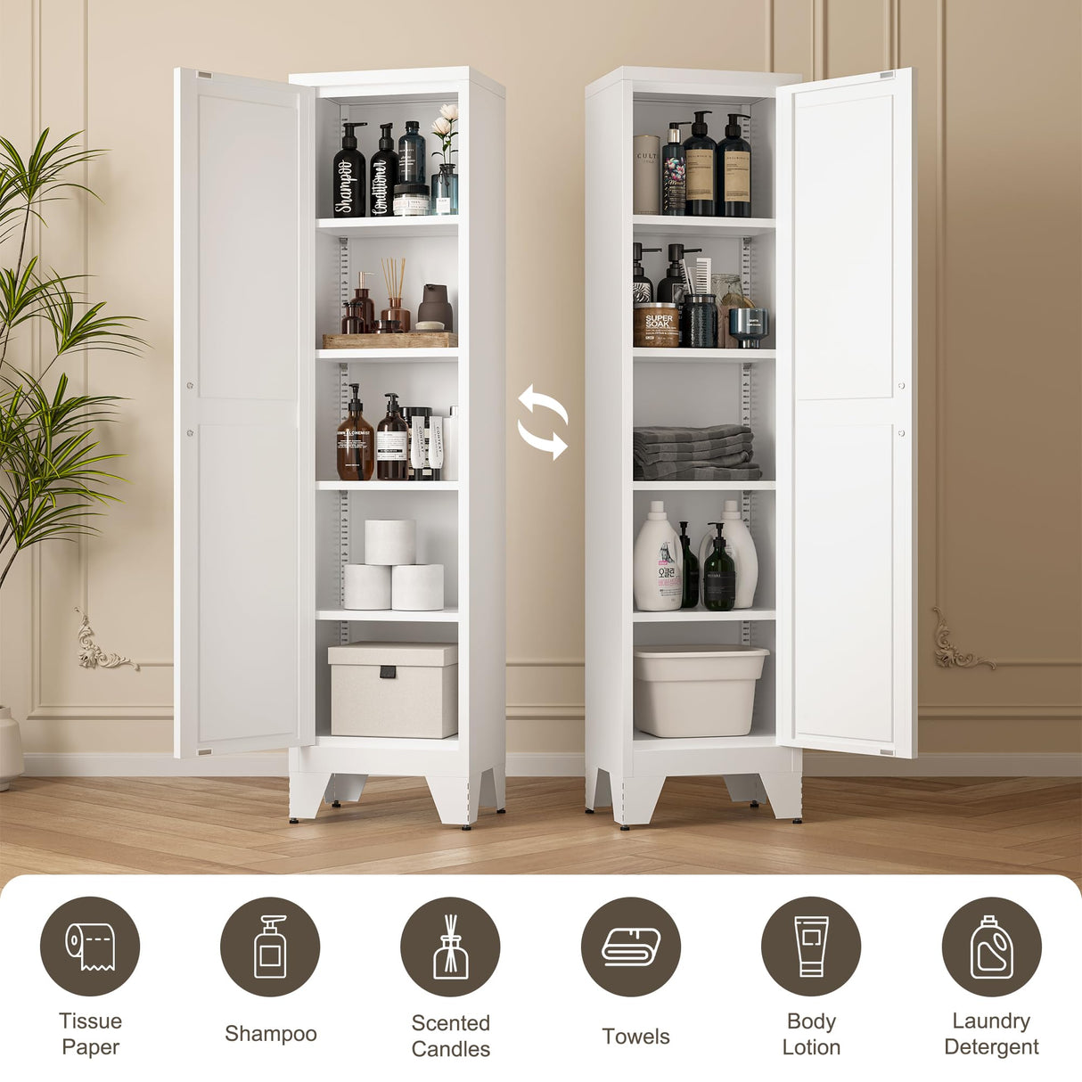 LCAOPC 67" Tall Narrow Bathroom Metal Storage Cabinet with 4 Adjustable Shelves, Freestanding 5 Tier Slim Pantry Storage Cabinet for Small Space, White LCAOPC