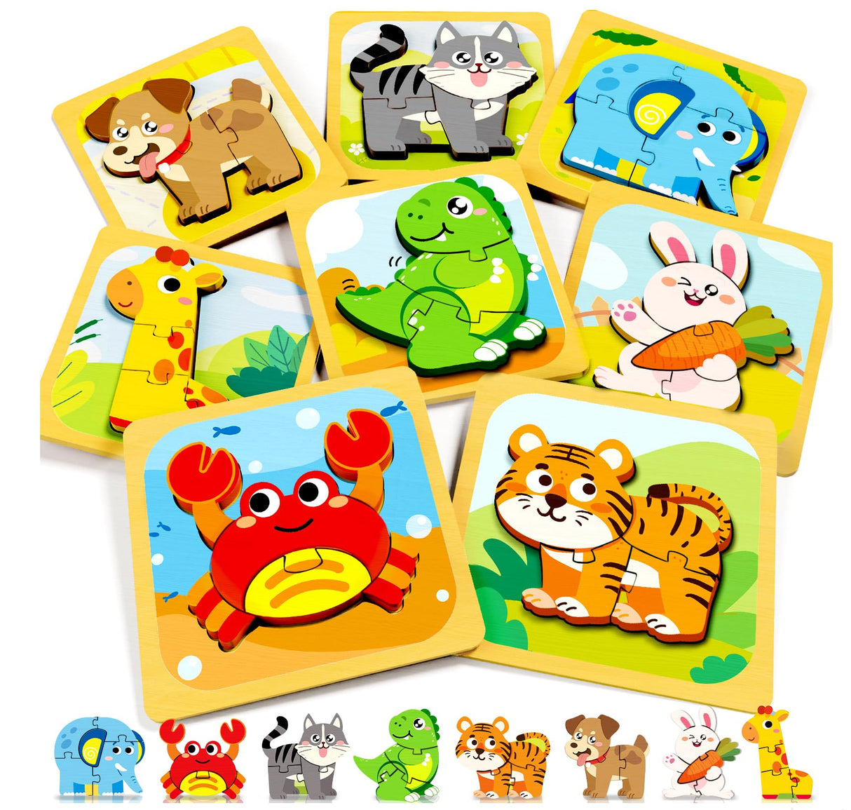 FunMission Puzzles, 8Pcs Animals Jigsaw Puzzles Toddler Toys, Brain Teaser Puzzles Montessori Toys, Wooden Puzzle Games, Educational Puzzles STEM Toys for 3+ Year Old Kids, for Kids FunMission