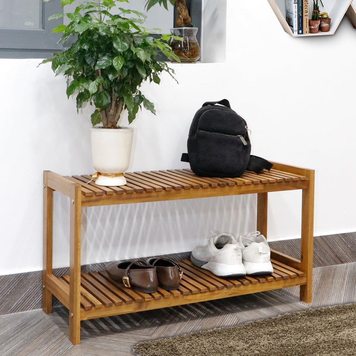 VICTORY RELAX 2-Tier Long Acacia Wood Shoe Rack, Wide Natural Shoe Storage Shelf for Entryway, Stackable Wooden Plant Stand Organizer for Closet, Bedroom, Kitchen, Indoor and Outdoor VICTORY RELAX