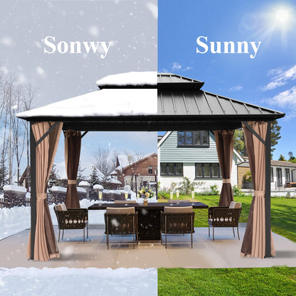 Raysfung 10 X 12ft Hardtop Gazebo, Galvanized Steel Double Roof Gazebo with Nettings and Curtains, Outdoor Aluminum FrameVertical Stripes Roof Permanent Pavilion for Patio, Backyard, Lawns - WoodArtSupply